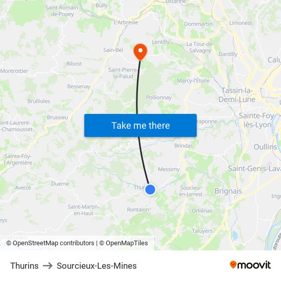 Thurins to Sourcieux-Les-Mines map