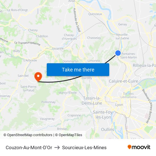 Couzon-Au-Mont-D'Or to Sourcieux-Les-Mines map