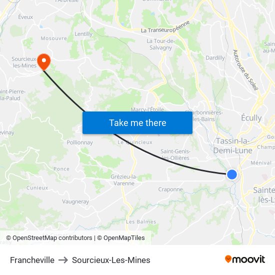 Francheville to Sourcieux-Les-Mines map