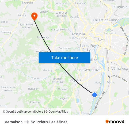 Vernaison to Sourcieux-Les-Mines map