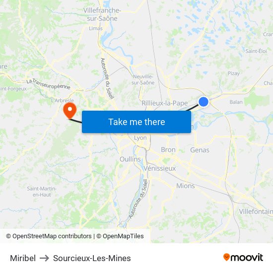 Miribel to Sourcieux-Les-Mines map