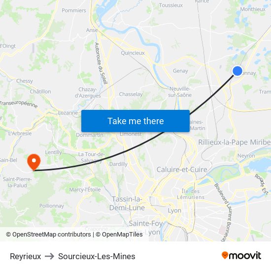 Reyrieux to Sourcieux-Les-Mines map