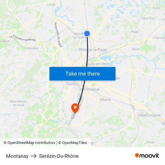 Montanay to Sérézin-Du-Rhône map