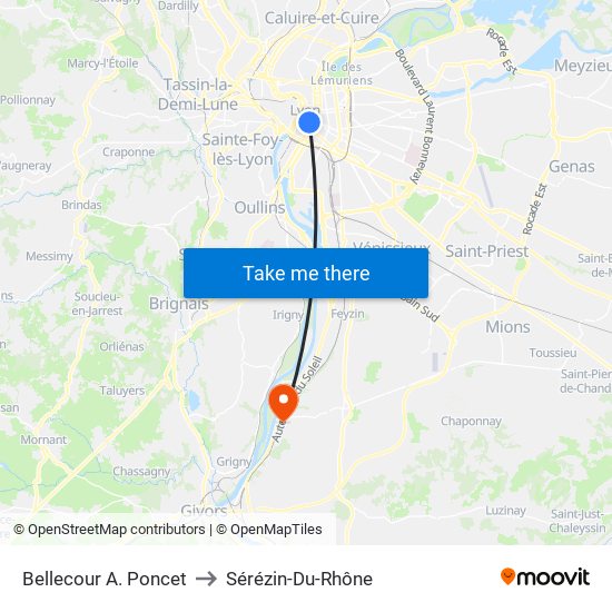 Bellecour A. Poncet to Sérézin-Du-Rhône map