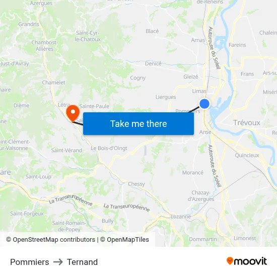 Pommiers to Ternand map