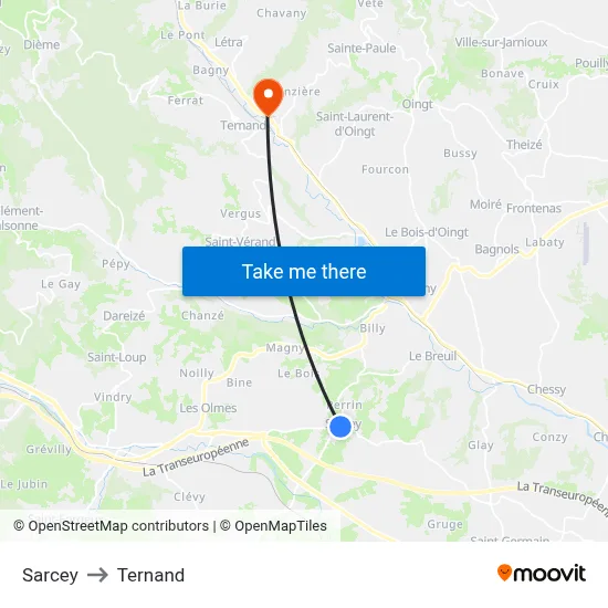 Sarcey to Ternand map