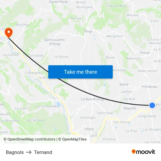 Bagnols to Ternand map