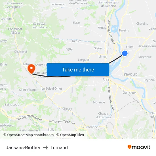 Jassans-Riottier to Ternand map