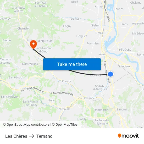 Les Chères to Ternand map