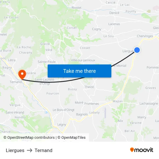 Liergues to Ternand map