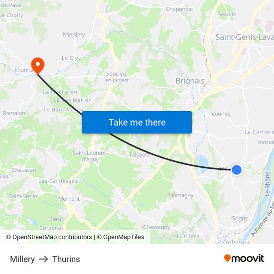Millery to Thurins map