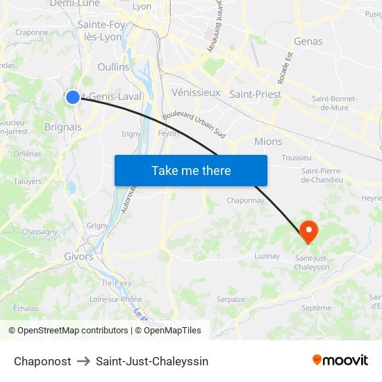 Chaponost to Saint-Just-Chaleyssin map