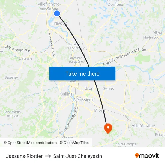 Jassans-Riottier to Saint-Just-Chaleyssin map