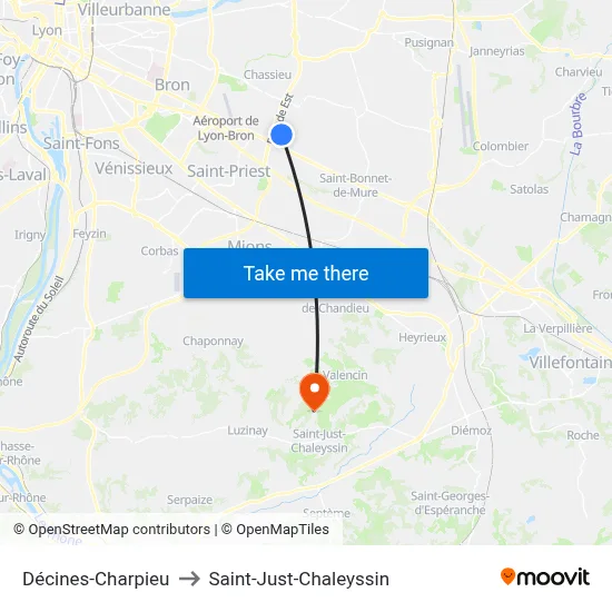 Décines-Charpieu to Saint-Just-Chaleyssin map