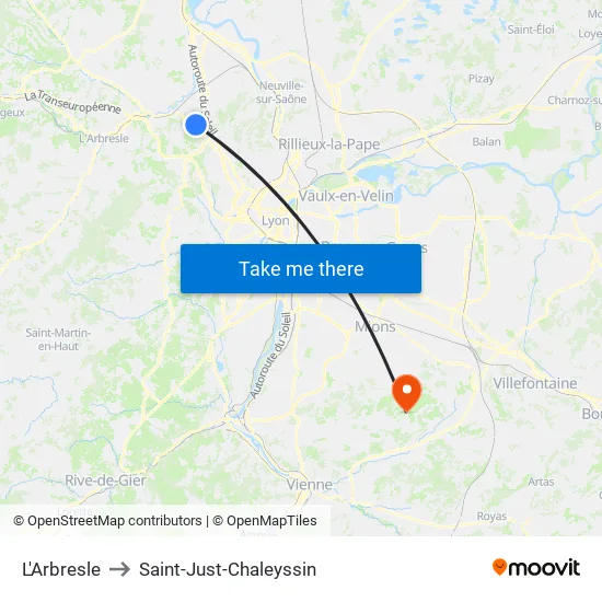 L'Arbresle to Saint-Just-Chaleyssin map
