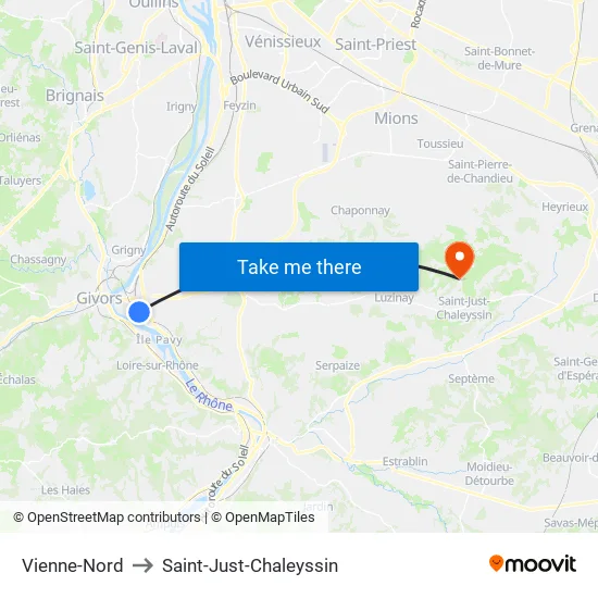 Vienne-Nord to Saint-Just-Chaleyssin map