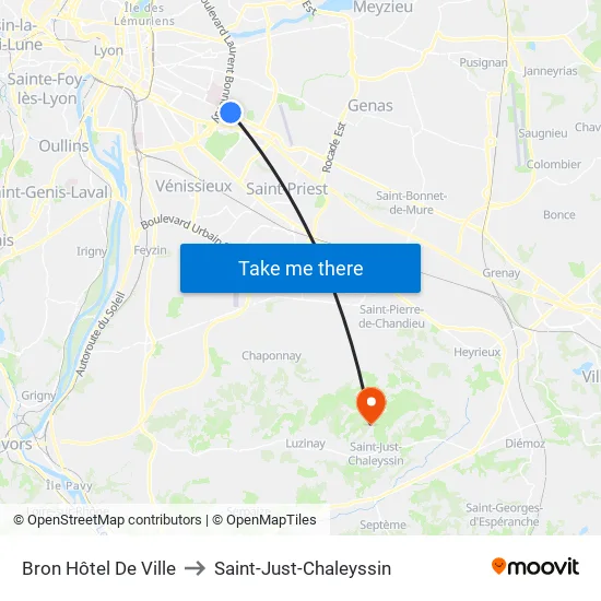 Bron Hôtel De Ville to Saint-Just-Chaleyssin map