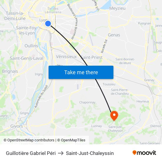 Guillotière Gabriel Péri to Saint-Just-Chaleyssin map