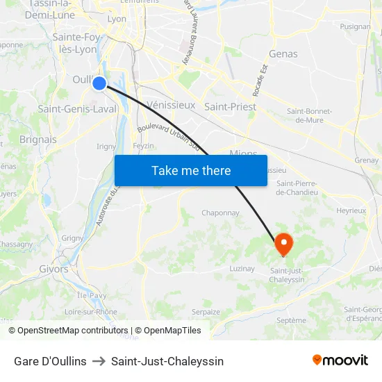 Gare D'Oullins to Saint-Just-Chaleyssin map