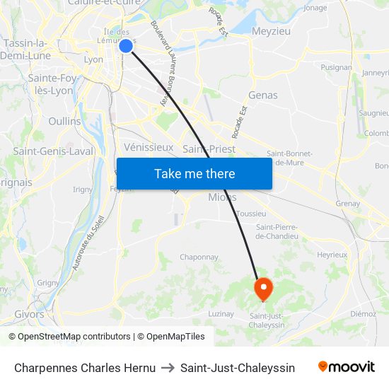 Charpennes Charles Hernu to Saint-Just-Chaleyssin map