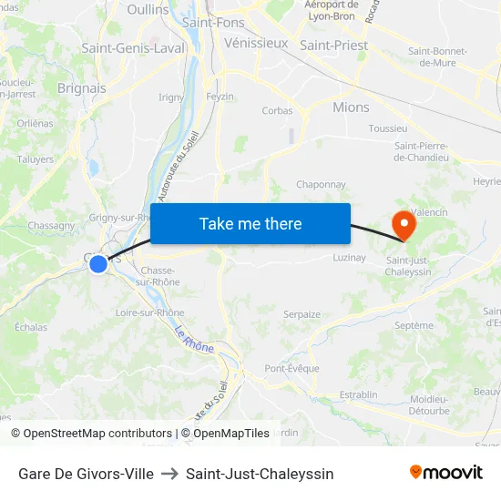 Gare De Givors-Ville to Saint-Just-Chaleyssin map