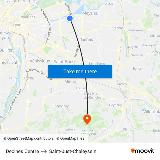 Decines Centre to Saint-Just-Chaleyssin map