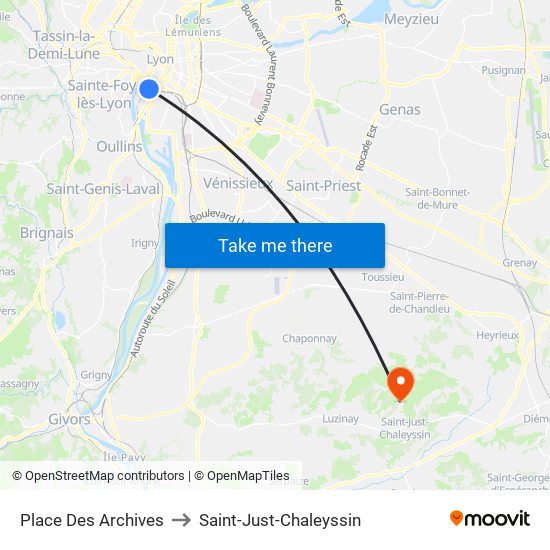 Place Des Archives to Saint-Just-Chaleyssin map