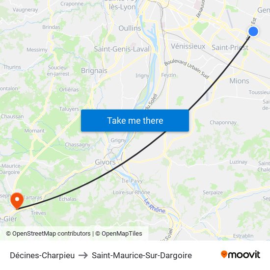 Décines-Charpieu to Saint-Maurice-Sur-Dargoire map