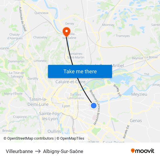 Villeurbanne to Albigny-Sur-Saône map