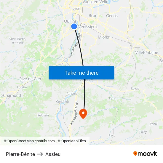 Pierre-Bénite to Assieu map