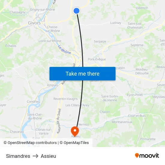 Simandres to Assieu map