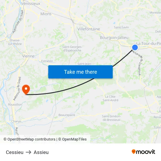 Cessieu to Assieu map
