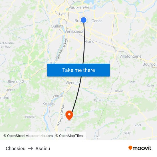 Chassieu to Assieu map