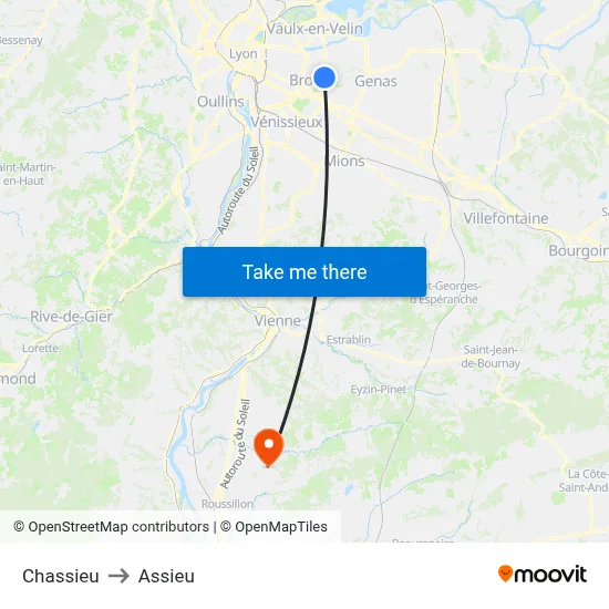 Chassieu to Assieu map