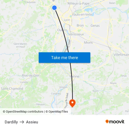 Dardilly to Assieu map
