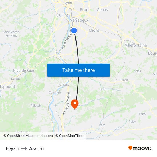 Feyzin to Assieu map