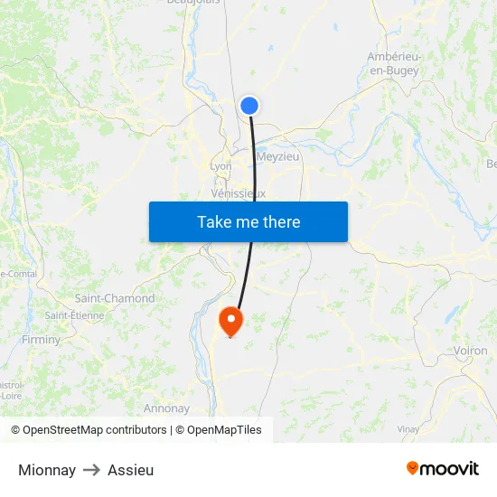 Mionnay to Assieu map