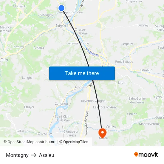 Montagny to Assieu map