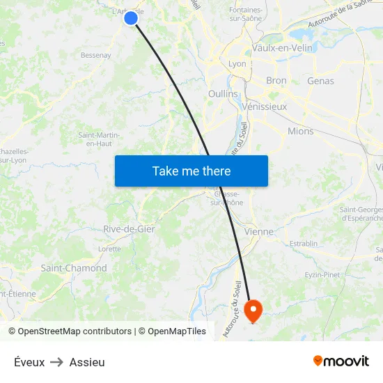 Éveux to Assieu map