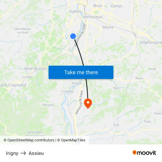 Irigny to Assieu map