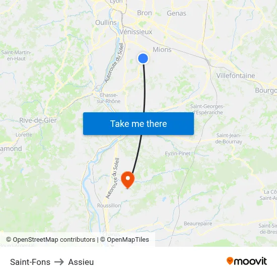 Saint-Fons to Assieu map