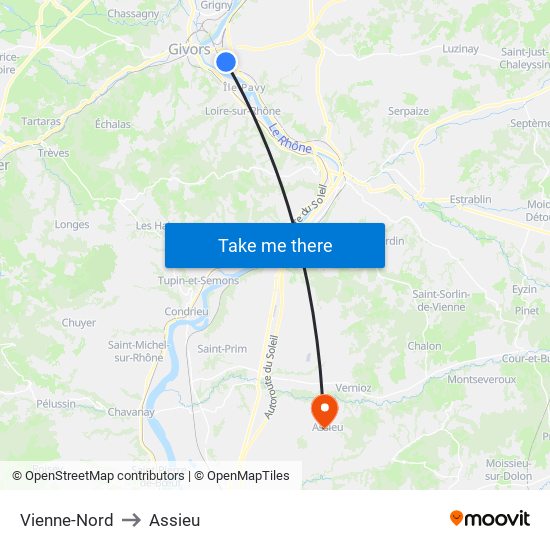 Vienne-Nord to Assieu map