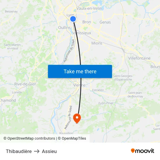 Thibaudière to Assieu map