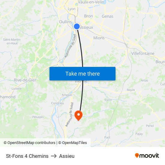 St-Fons 4 Chemins to Assieu map