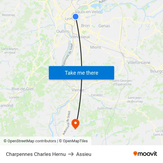 Charpennes Charles Hernu to Assieu map