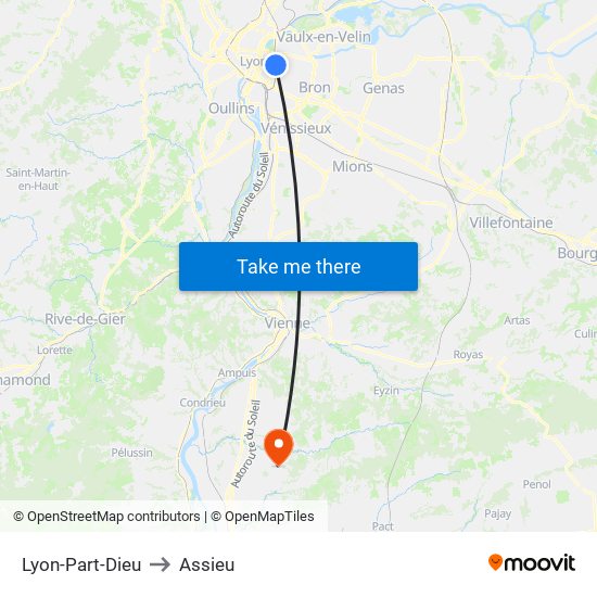 Lyon-Part-Dieu to Assieu map