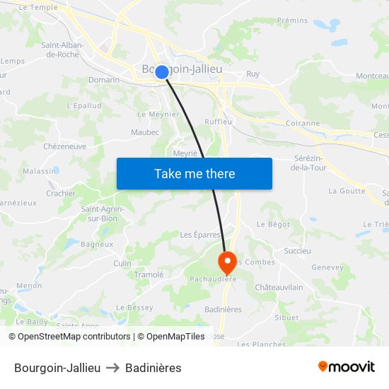 Bourgoin-Jallieu to Badinières map
