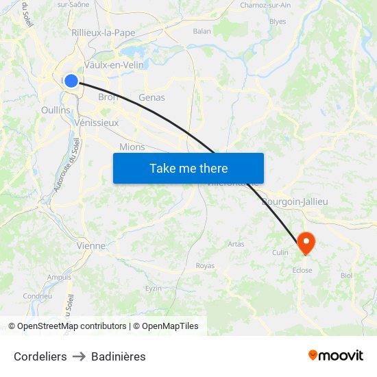 Cordeliers to Badinières map