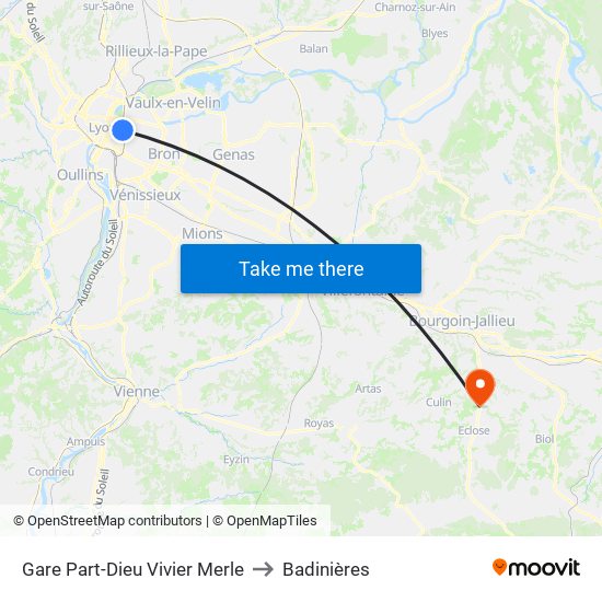 Gare Part-Dieu Vivier Merle to Badinières map