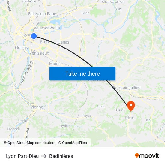 Lyon Part-Dieu to Badinières map